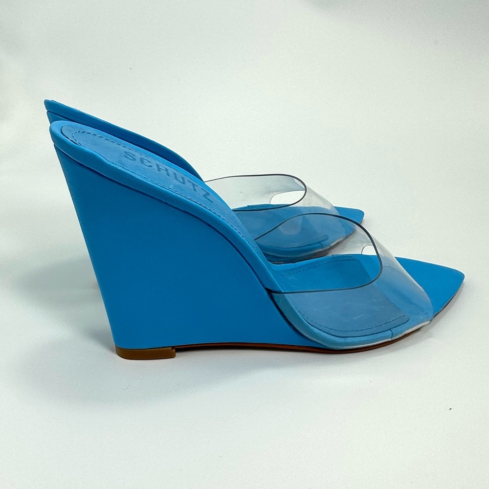 NWOT Schutz lucimara vinyl blue wedge sandal size 7.5 - Picture 8 of 11